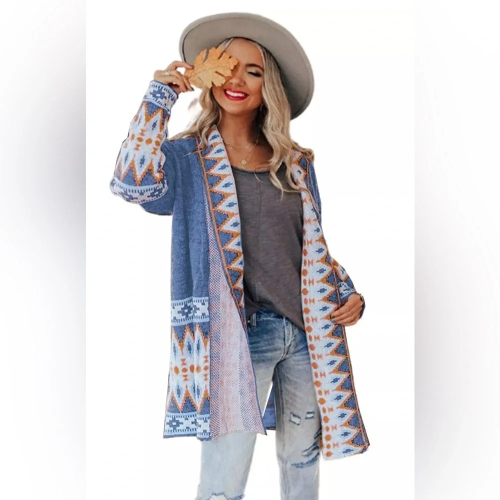Cardigan Aztec Sweater ~ Long Sleeve Tribal Print Wool Knit Open Front in Blue - Picture 9 of 16